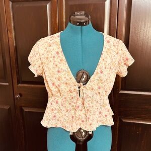 SO Floral Tie-Front Blouse - Pink and Cream